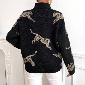 Women Leopard High Neck Oversized Sweater